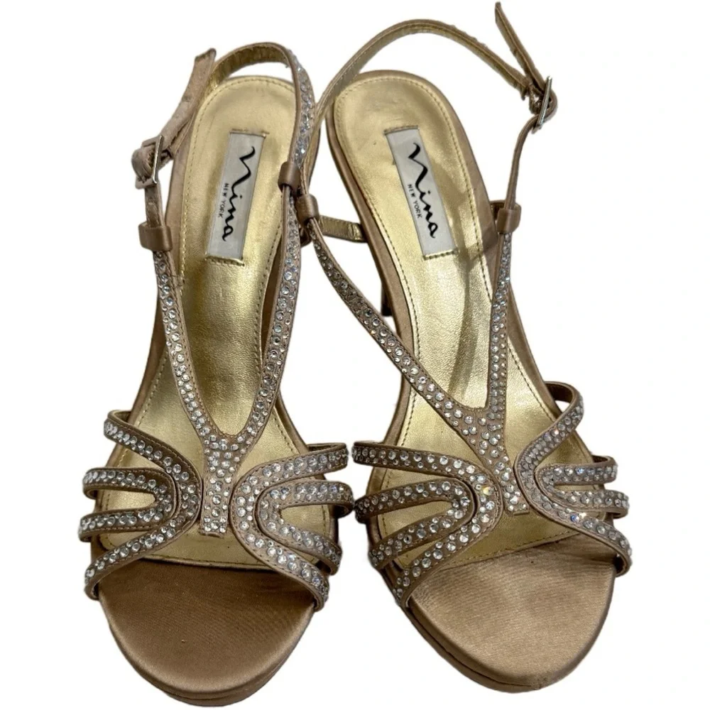 Nina Gold Rhinestone Strappy Heels Sz 7.5 Party Shoes Wedding Formal Cocktail